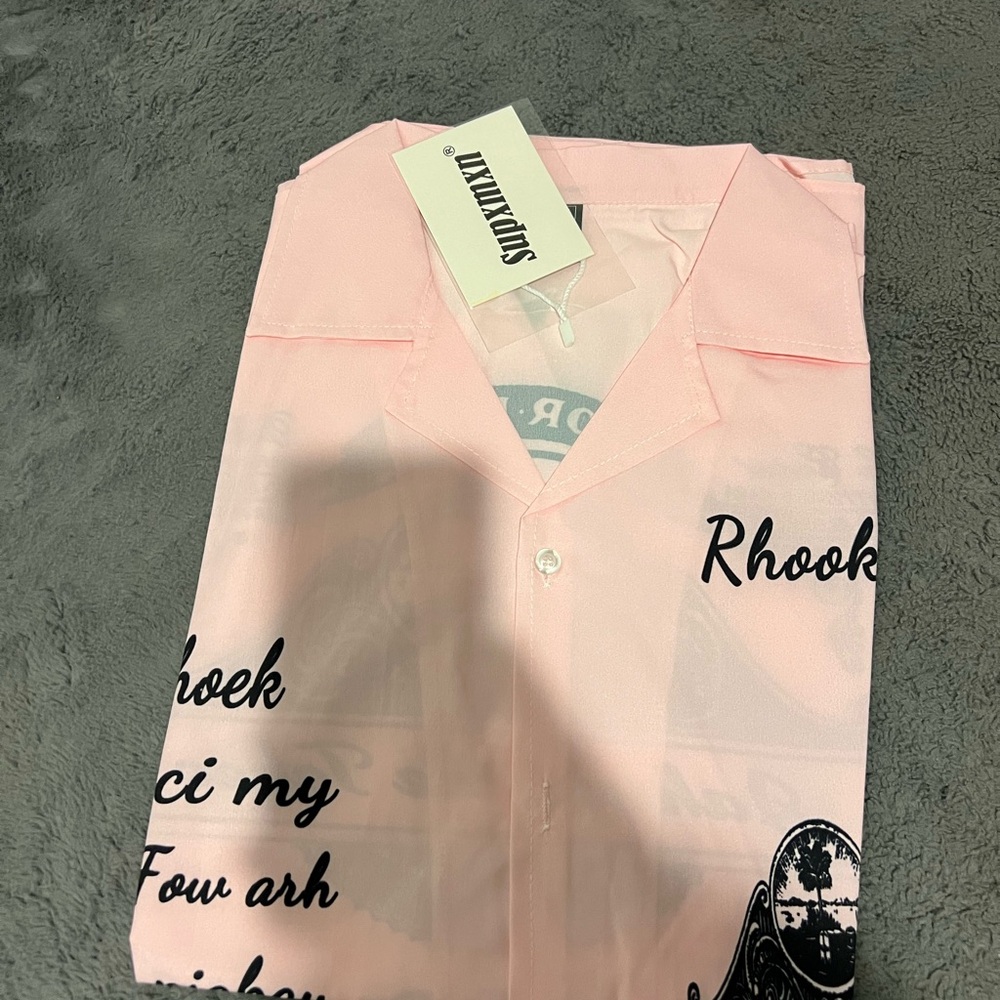 Pink Button-Up Shirt with Text Design